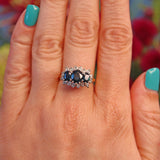 Ellibelle Jewellery Vintage Blue Sapphire & Diamond Yellow Gold Triple Cluster Ring