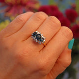 Ellibelle Jewellery Vintage Blue Sapphire & Diamond Yellow Gold Triple Cluster Ring