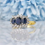 Ellibelle Jewellery Vintage Blue Sapphire & Diamond Yellow Gold Triple Cluster Ring