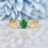 Ellibelle Jewellery Vintage Emerald & Diamond 18ct Gold Three Stone Trilogy Ring