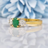 Ellibelle Jewellery Vintage Emerald & Diamond 18ct Gold Three Stone Trilogy Ring