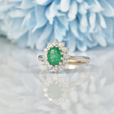 Ellibelle Jewellery VINTAGE EMERALD & DIAMOND 18CT WHITE GOLD CLUSTER RING