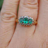 Ellibelle Jewellery VINTAGE EMERALD & DIAMOND 9CT GOLD TRIPLE CLUSTER RING