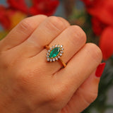 Ellibelle Jewellery Vintage Natural Emerald & Diamond Gold Marquise Cluster Ring