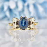 Ellibelle Jewellery Vintage Natural Teal Blue Sapphire & Diamond 18ct Gold Ring