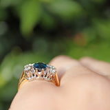 Ellibelle Jewellery Vintage Natural Teal Blue Sapphire & Diamond 18ct Gold Ring