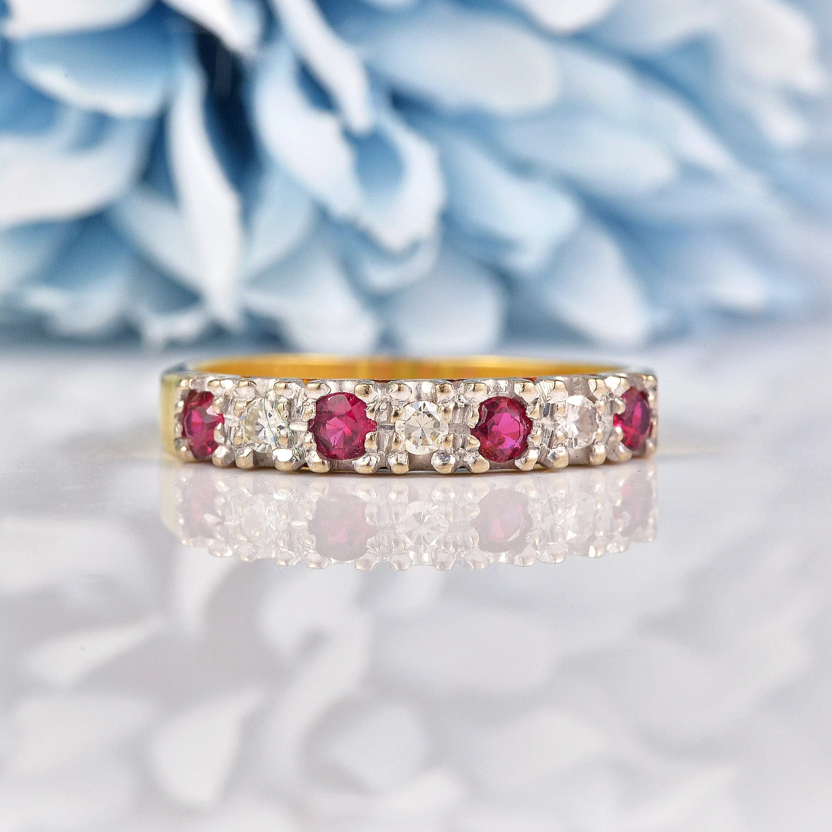 Vintage Ruby Diamond 18ct Gold Half Eternity Wedding Band Ring