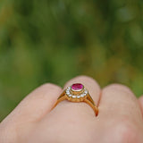 Ellibelle Jewellery VINTAGE RUBY & DIAMOND 18CT GOLD OVAL HALO RING