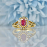 Ellibelle Jewellery VINTAGE RUBY & DIAMOND 18CT GOLD OVAL HALO RING