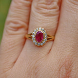 Ellibelle Jewellery VINTAGE RUBY & DIAMOND 18CT GOLD OVAL HALO RING