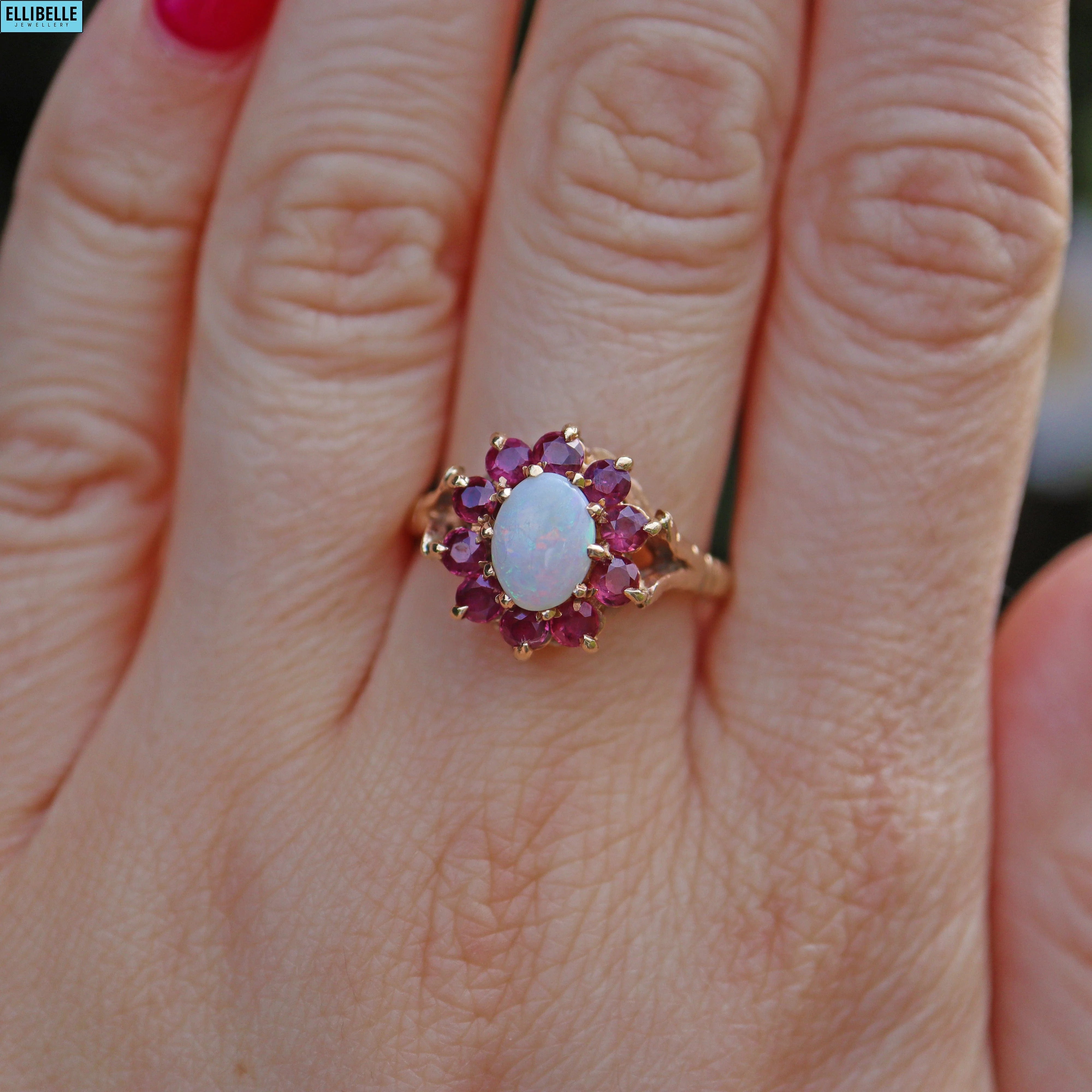 VINTAGE RUBY OPAL 9CT GOLD HALO CLUSTER RING