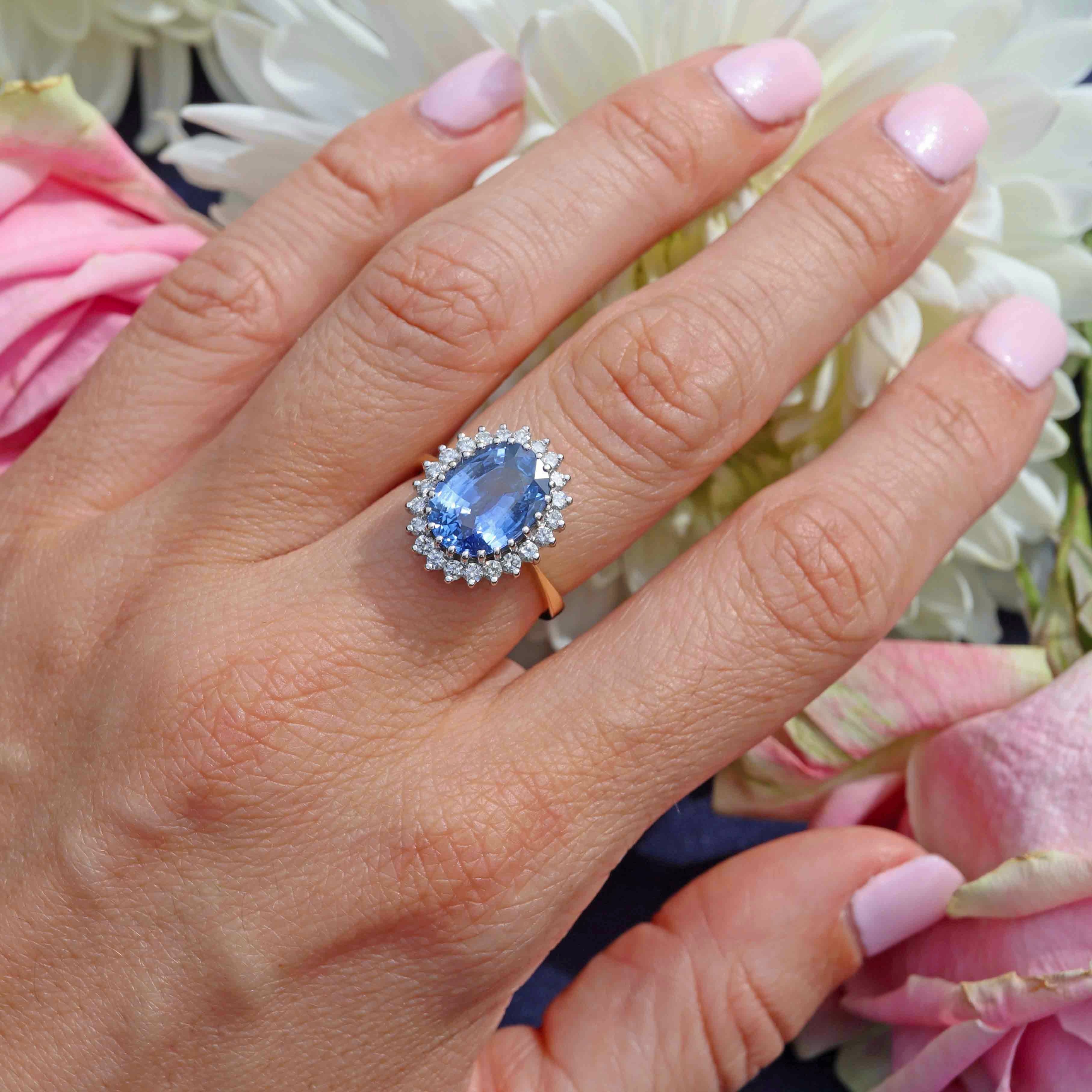 Vintage 1985 Ceylon Sapphire & Diamond 18ct Gold Cluster Engagement Ring (4.60ct)