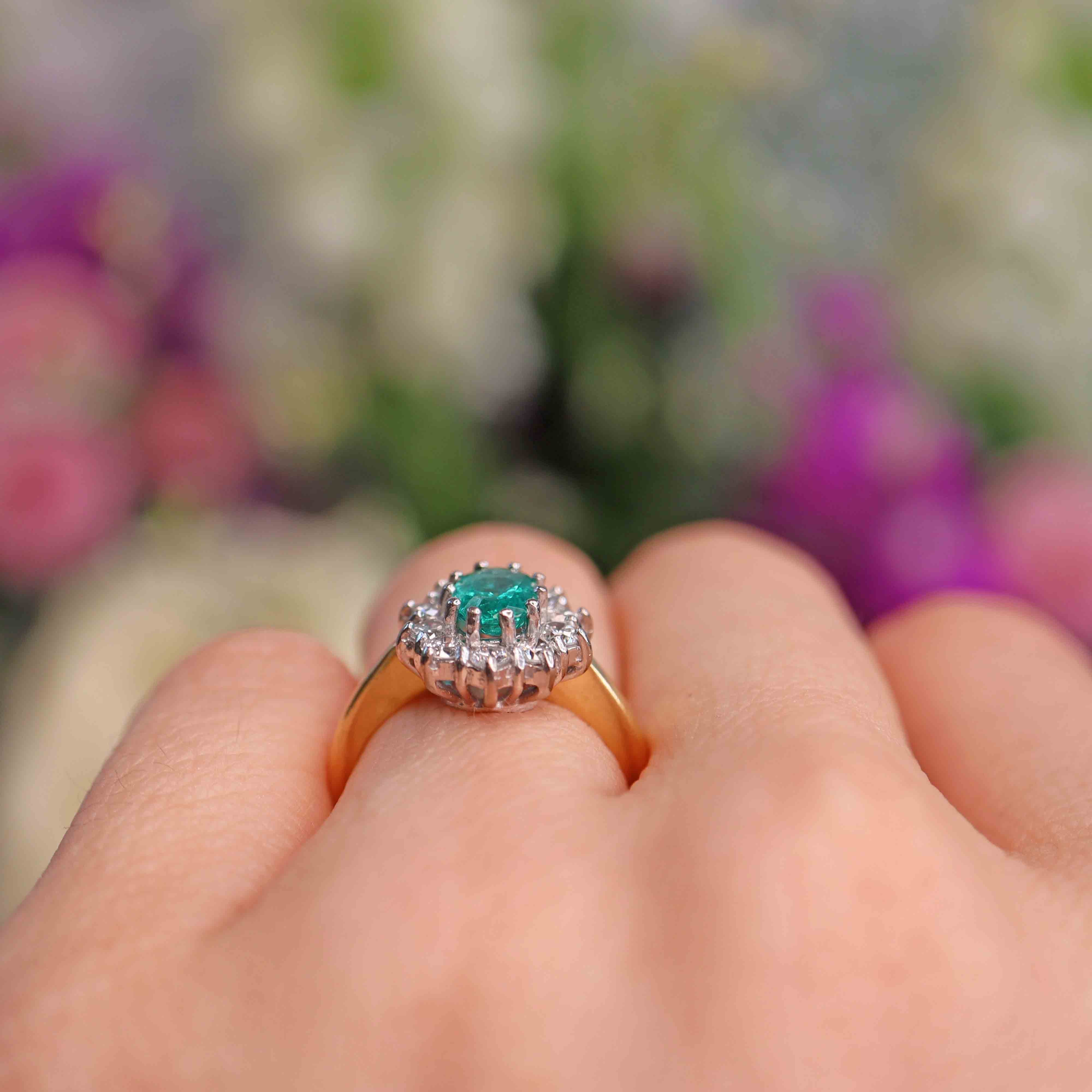 Vintage Emerald & Diamond 18ct Gold Cluster Engagement Ring