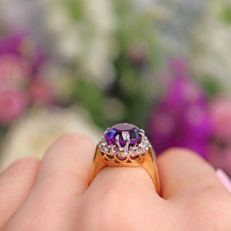 Vintage Amethyst & Diamond 18ct Gold Cluster Ring