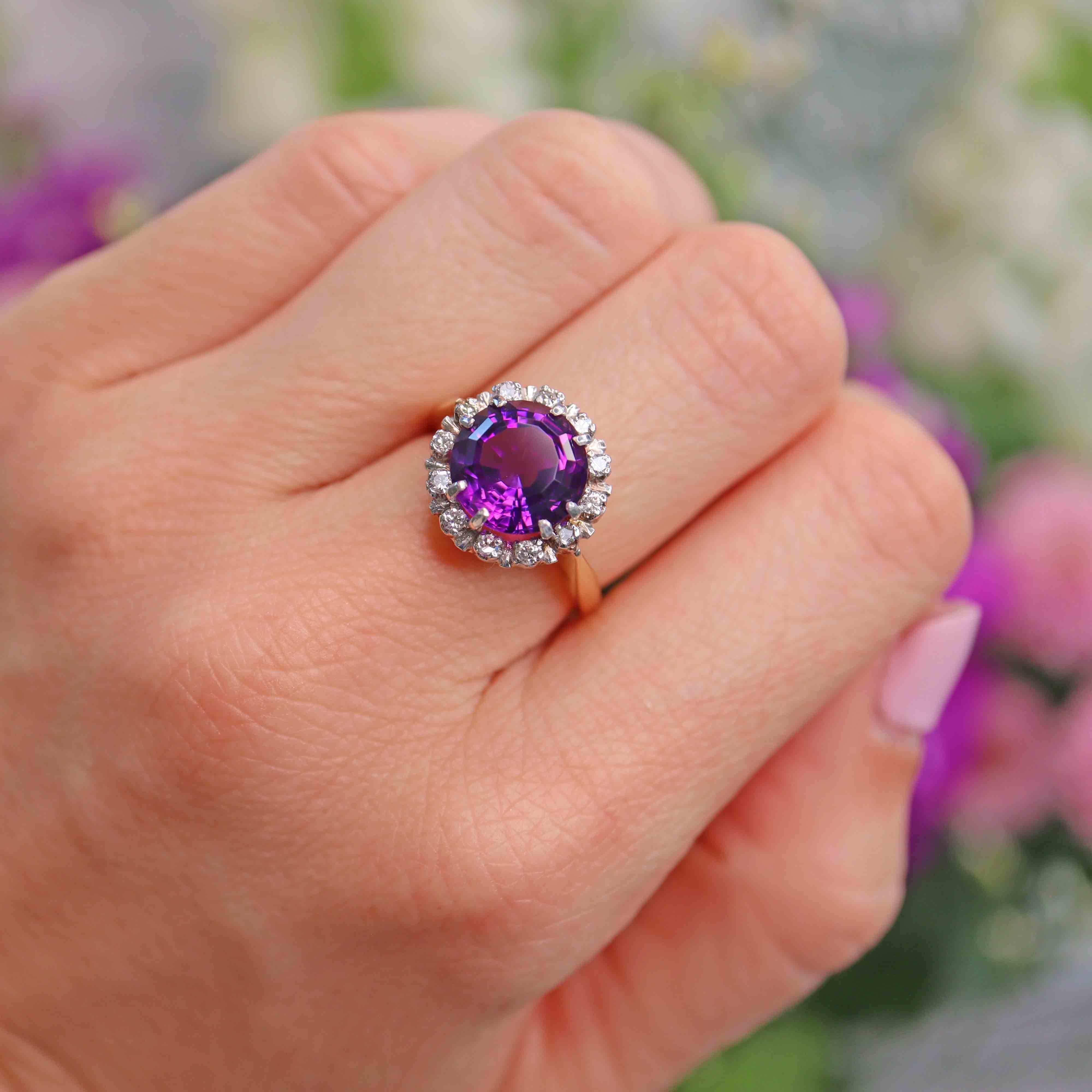 Vintage Amethyst & Diamond 18ct Gold Cluster Ring