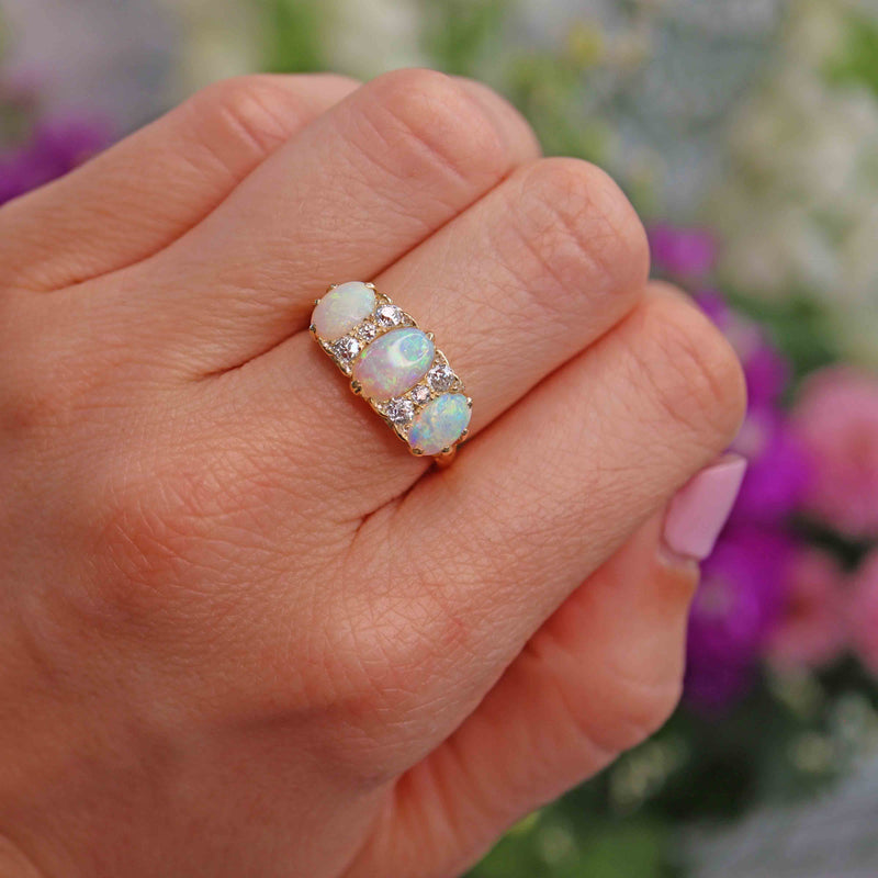 Antique Edwardian Opal & Old Cut Diamond 18ct Gold Ring