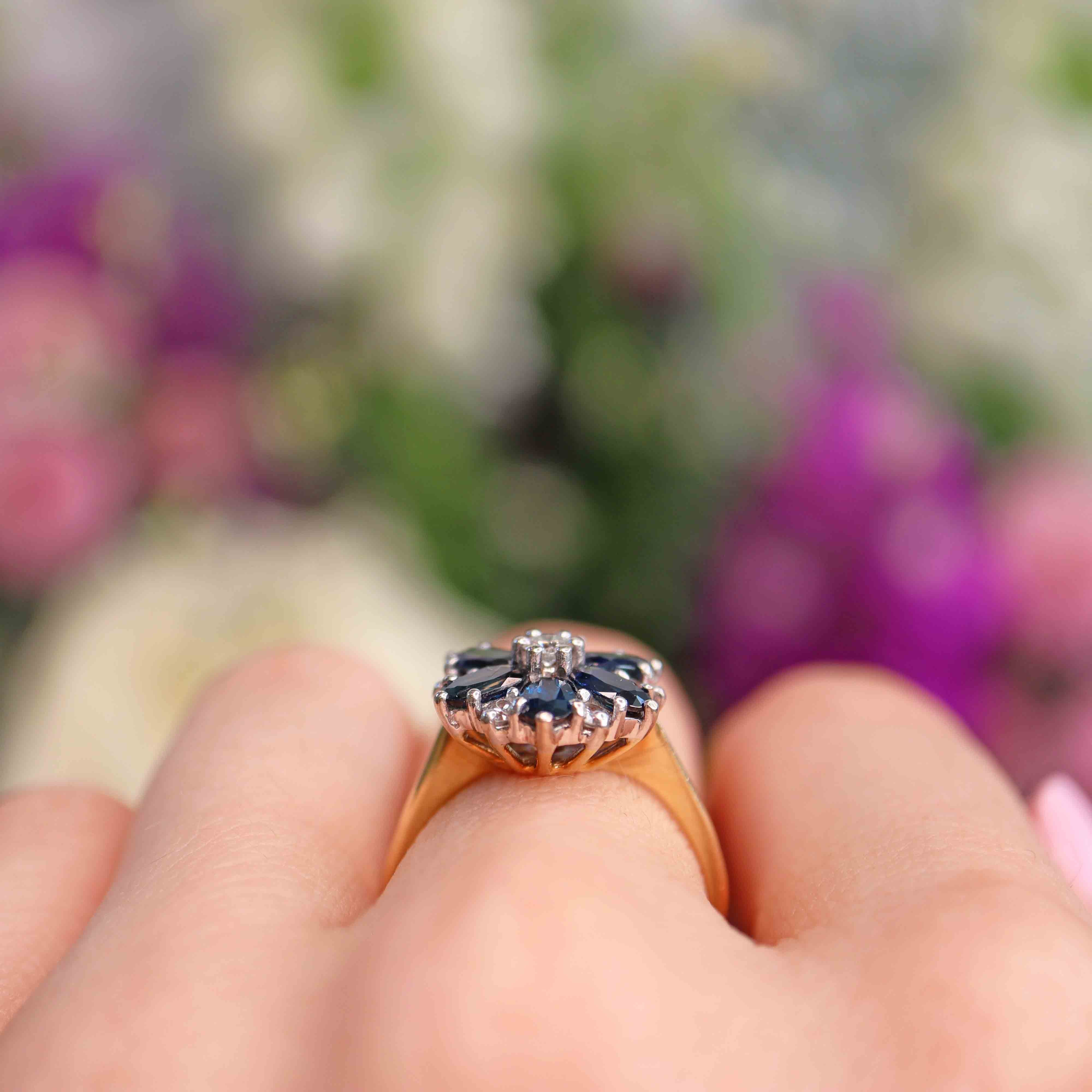 Vintage Sapphire & Diamond Daisy Cluster Ring By Cropp and Farr