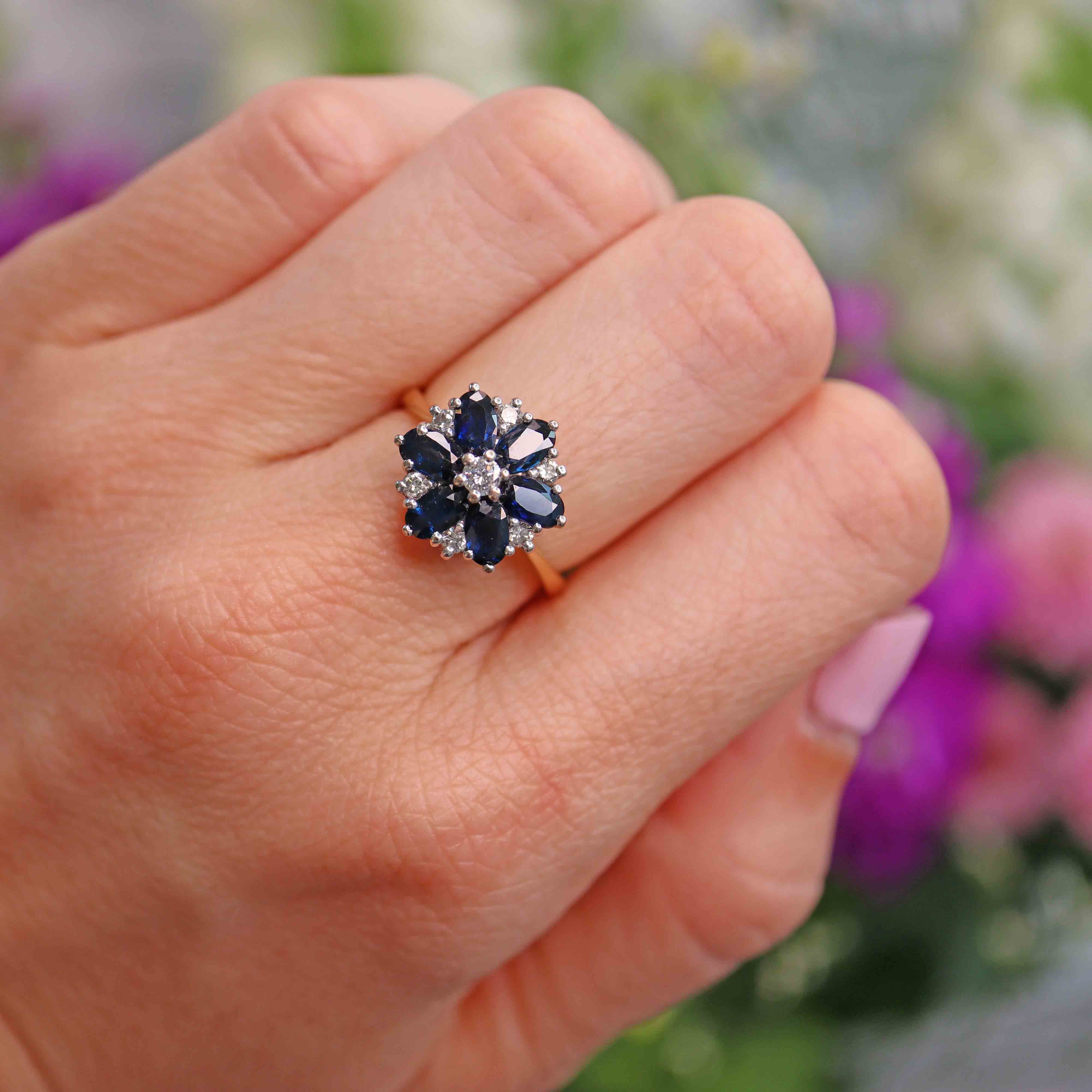 Vintage Sapphire & Diamond Daisy Cluster Ring By Cropp and Farr