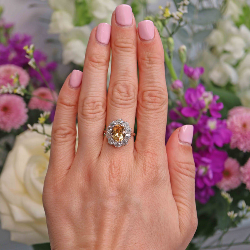 Antique Yellow Topaz & Diamond Platinum Engagement Ring