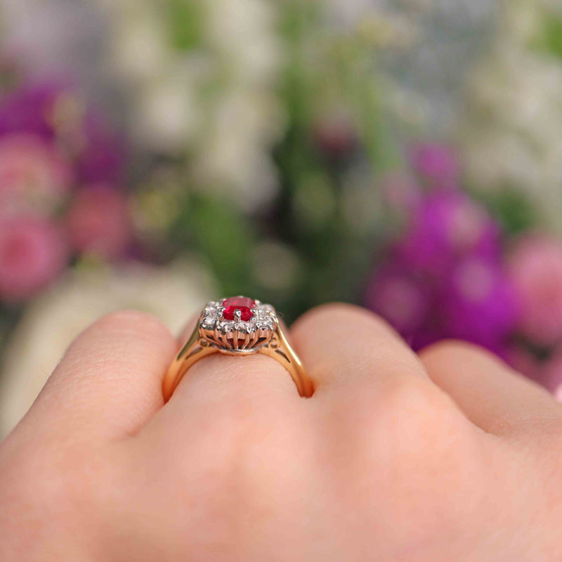 Natural Ruby & Diamond 18ct Gold Cluster Engagement Ring