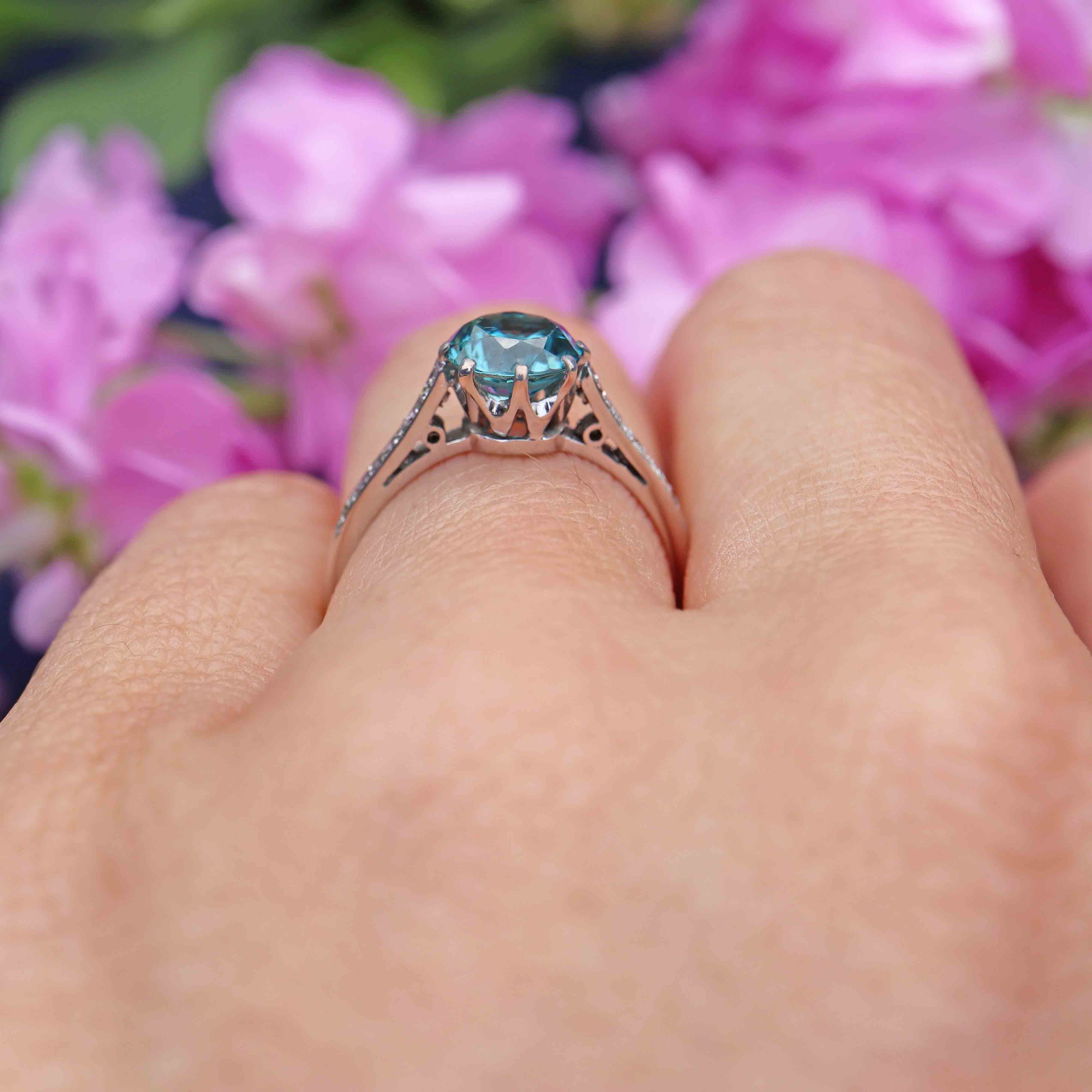 Vintage 1950s Blue Zircon & Diamond White Gold Engagement Ring