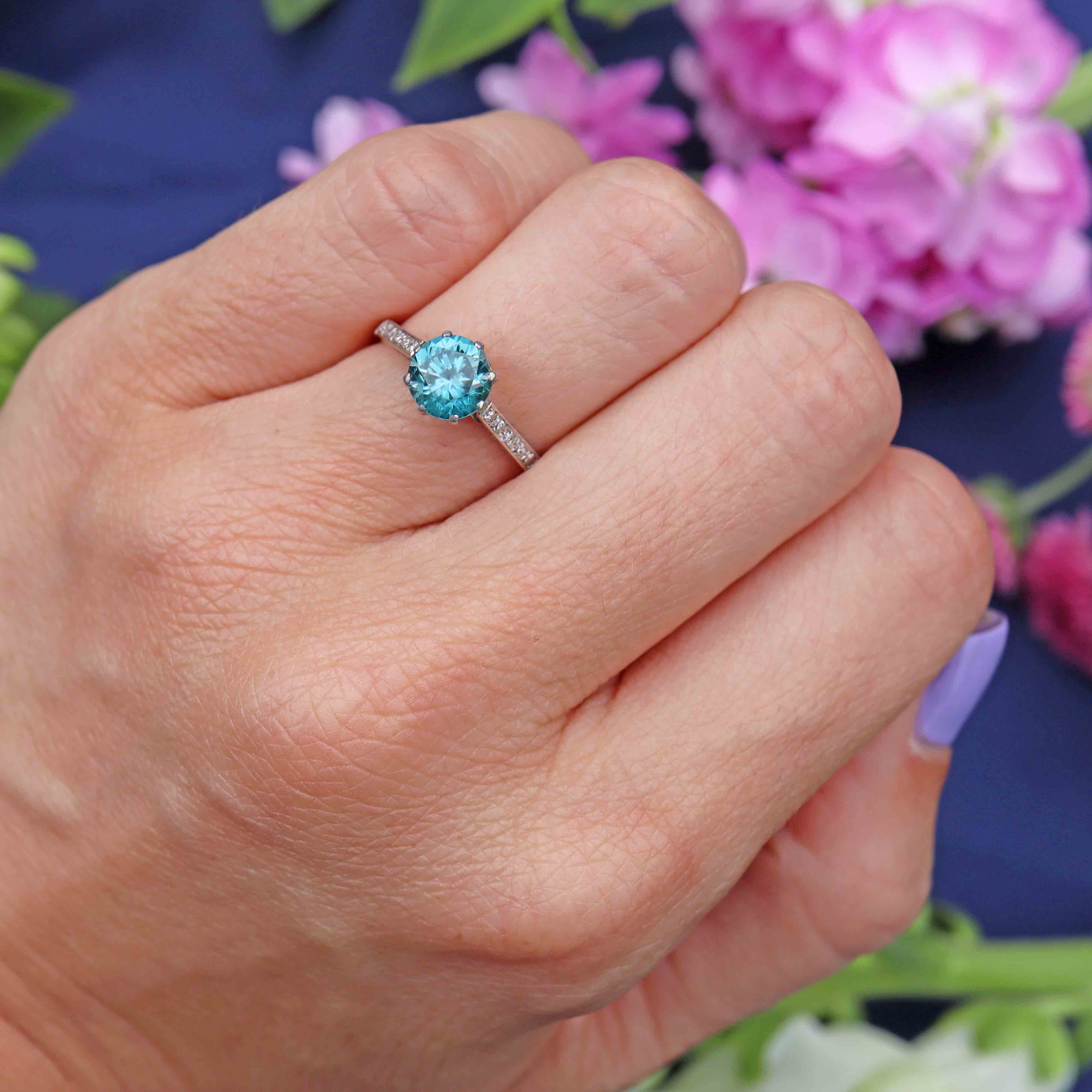 Vintage 1950s Blue Zircon & Diamond White Gold Engagement Ring