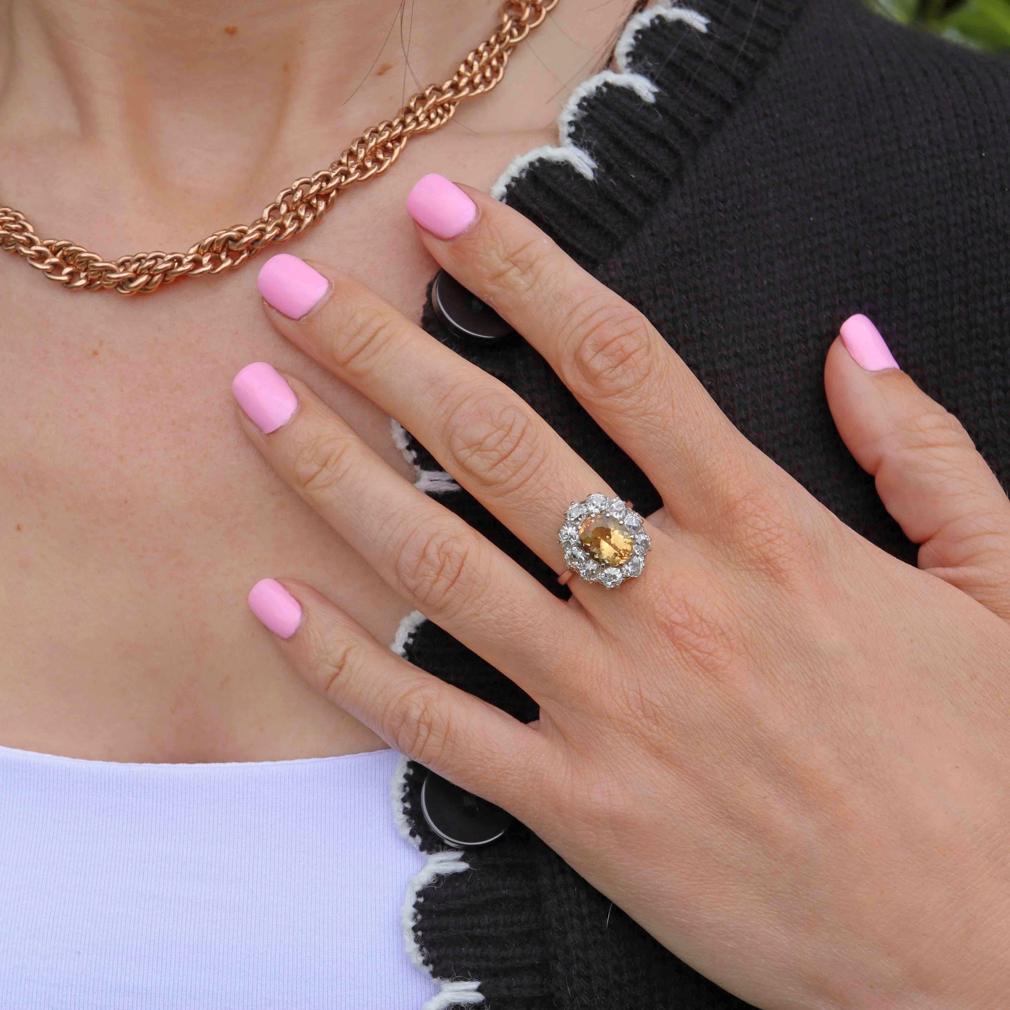 Antique Yellow Topaz & Diamond Platinum Engagement Ring