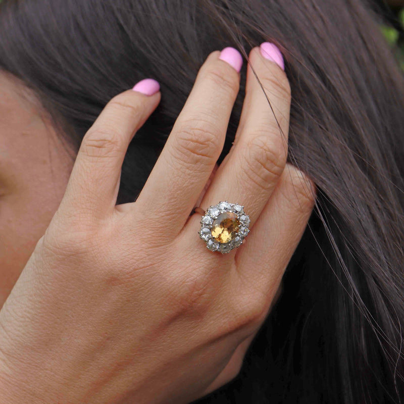 Antique Yellow Topaz & Diamond Platinum Engagement Ring