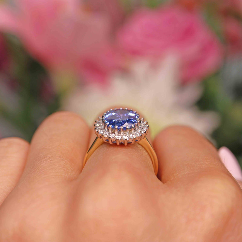 Vintage 1985 Ceylon Sapphire & Diamond 18ct Gold Cluster Engagement Ring (4.60ct)