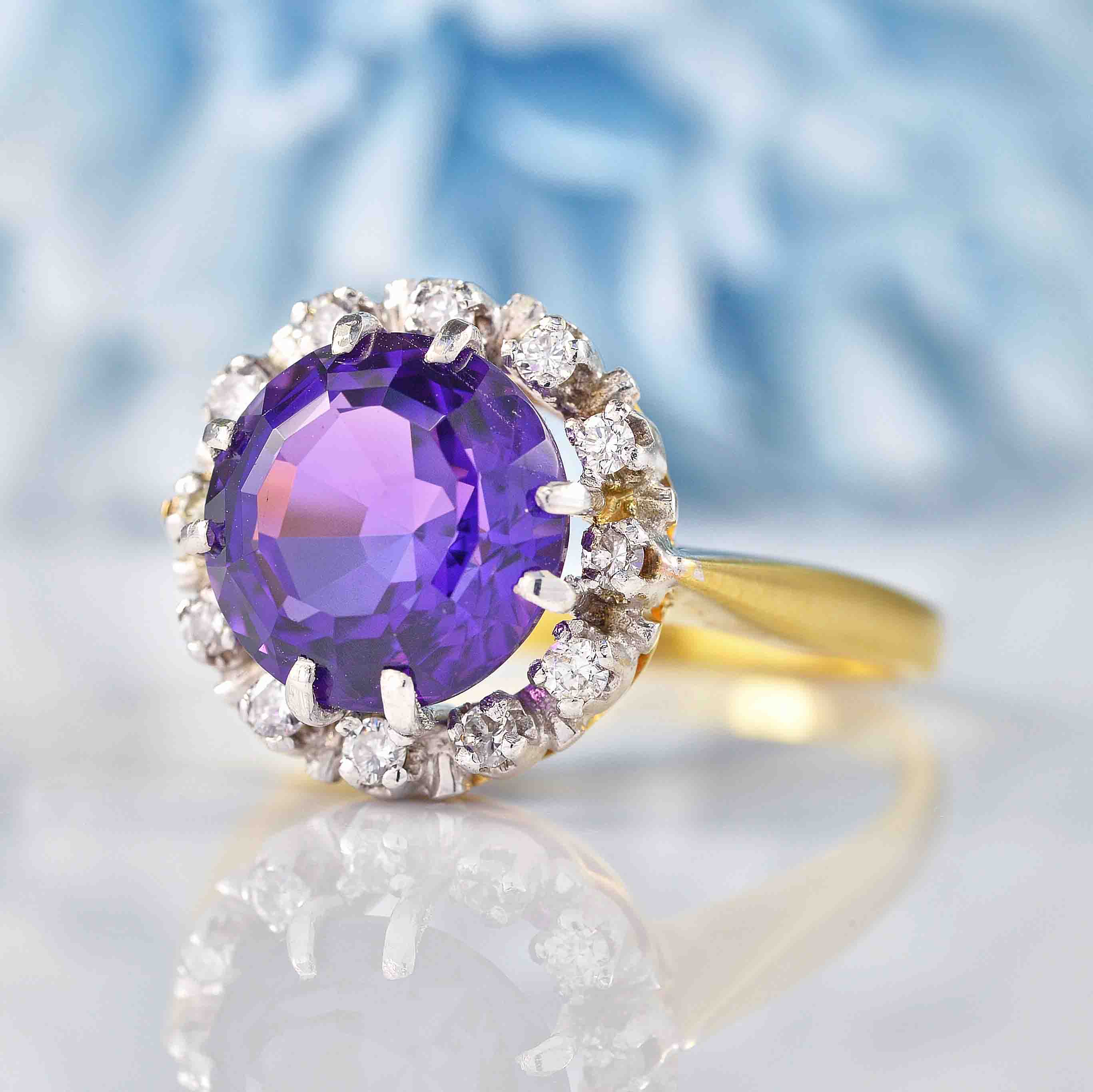 Vintage Amethyst & Diamond 18ct Gold Cluster Ring