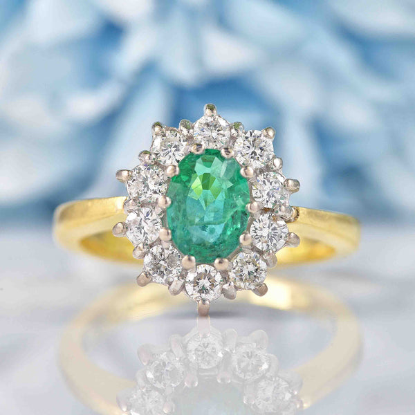 Vintage Emerald & Diamond 18ct Gold Cluster Engagement Ring