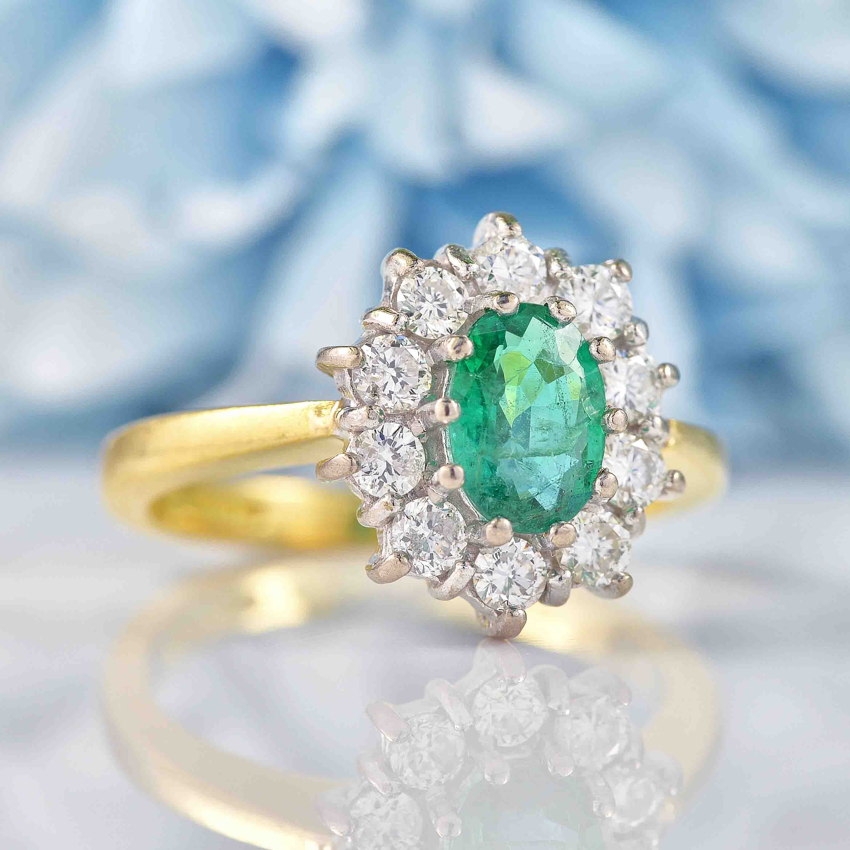 Vintage Emerald & Diamond 18ct Gold Cluster Engagement Ring