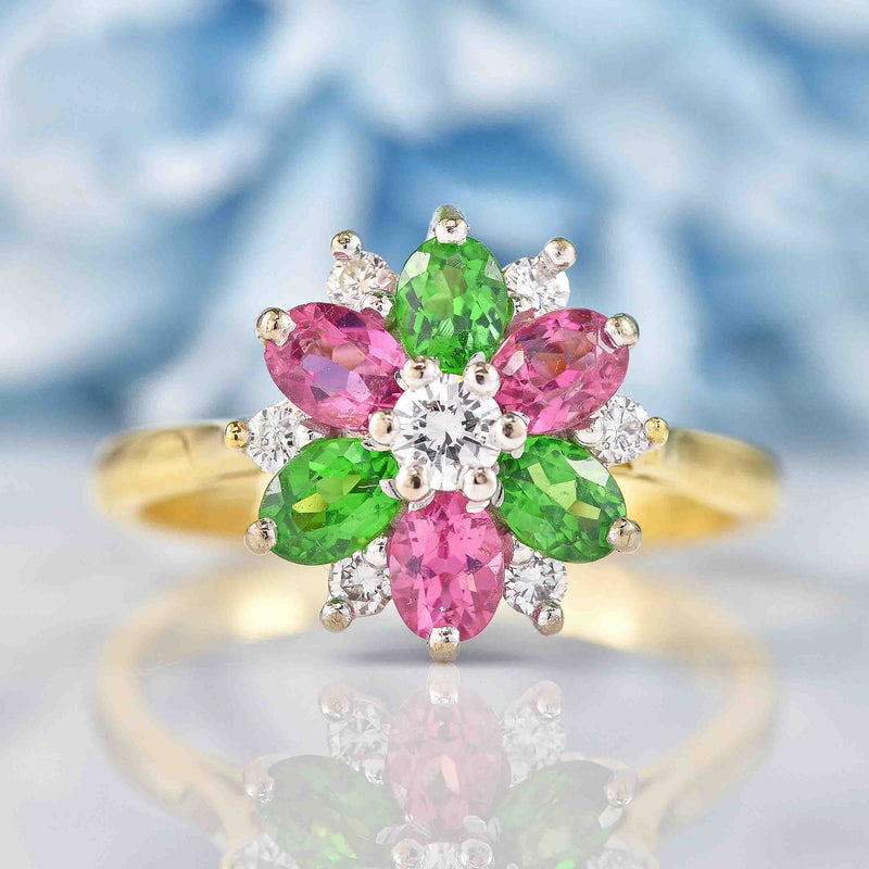 Vintage Tsavorite Garnet, Pink Topaz & Diamond 18ct Gold Ring