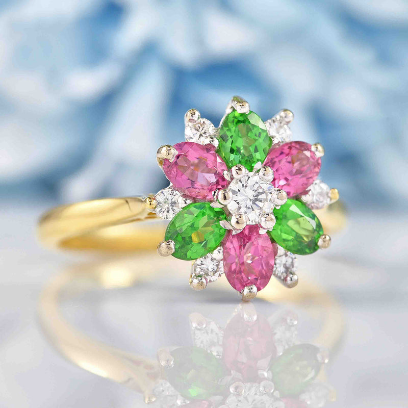 Vintage Tsavorite Garnet, Pink Topaz & Diamond 18ct Gold Ring