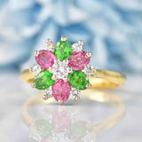 Vintage Tsavorite Garnet, Pink Topaz & Diamond 18ct Gold Ring