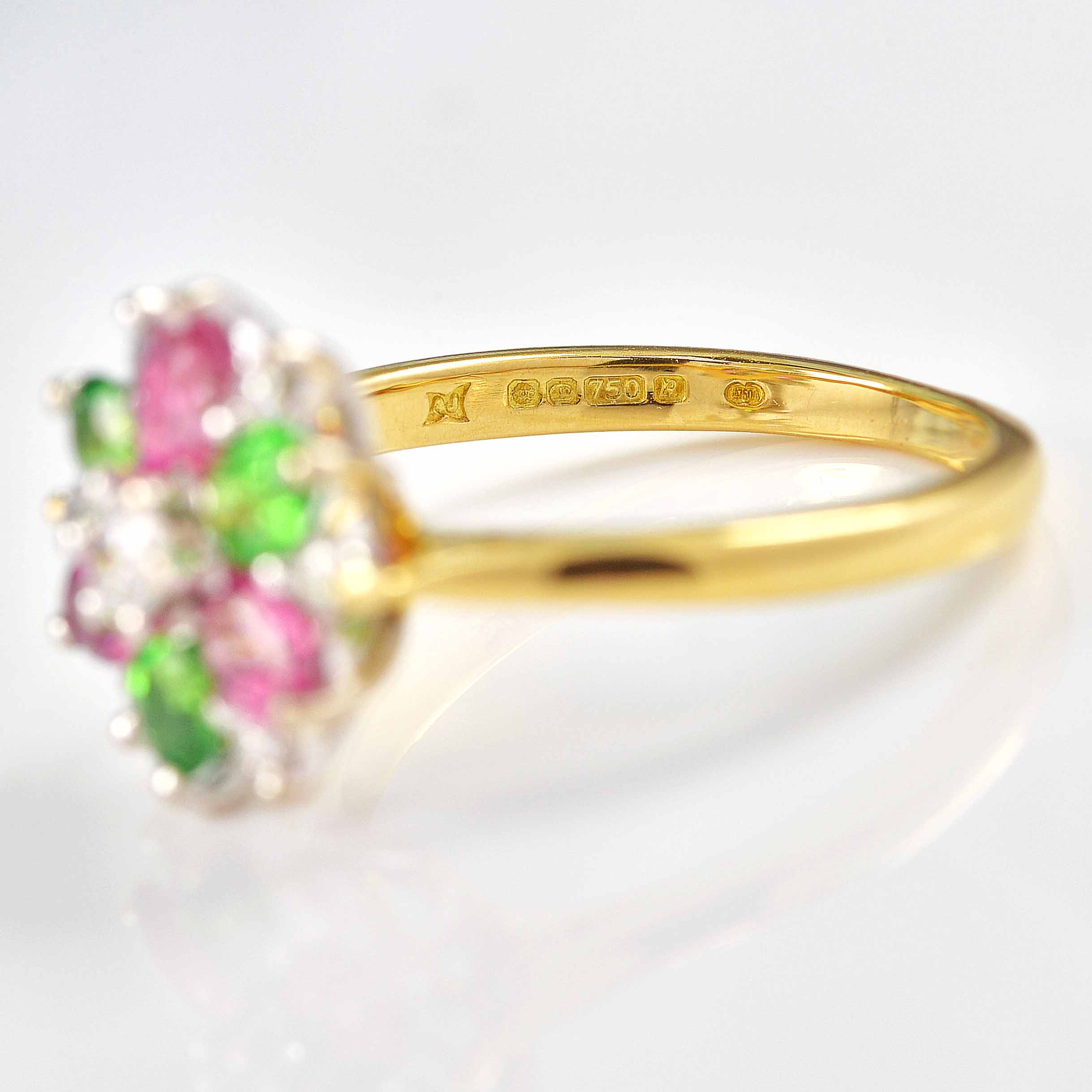 Vintage Tsavorite Garnet, Pink Topaz & Diamond 18ct Gold Ring