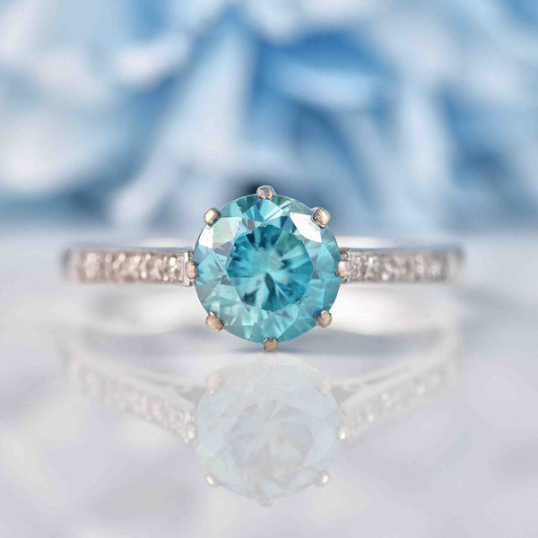 Vintage 1950s Blue Zircon & Diamond White Gold Engagement Ring