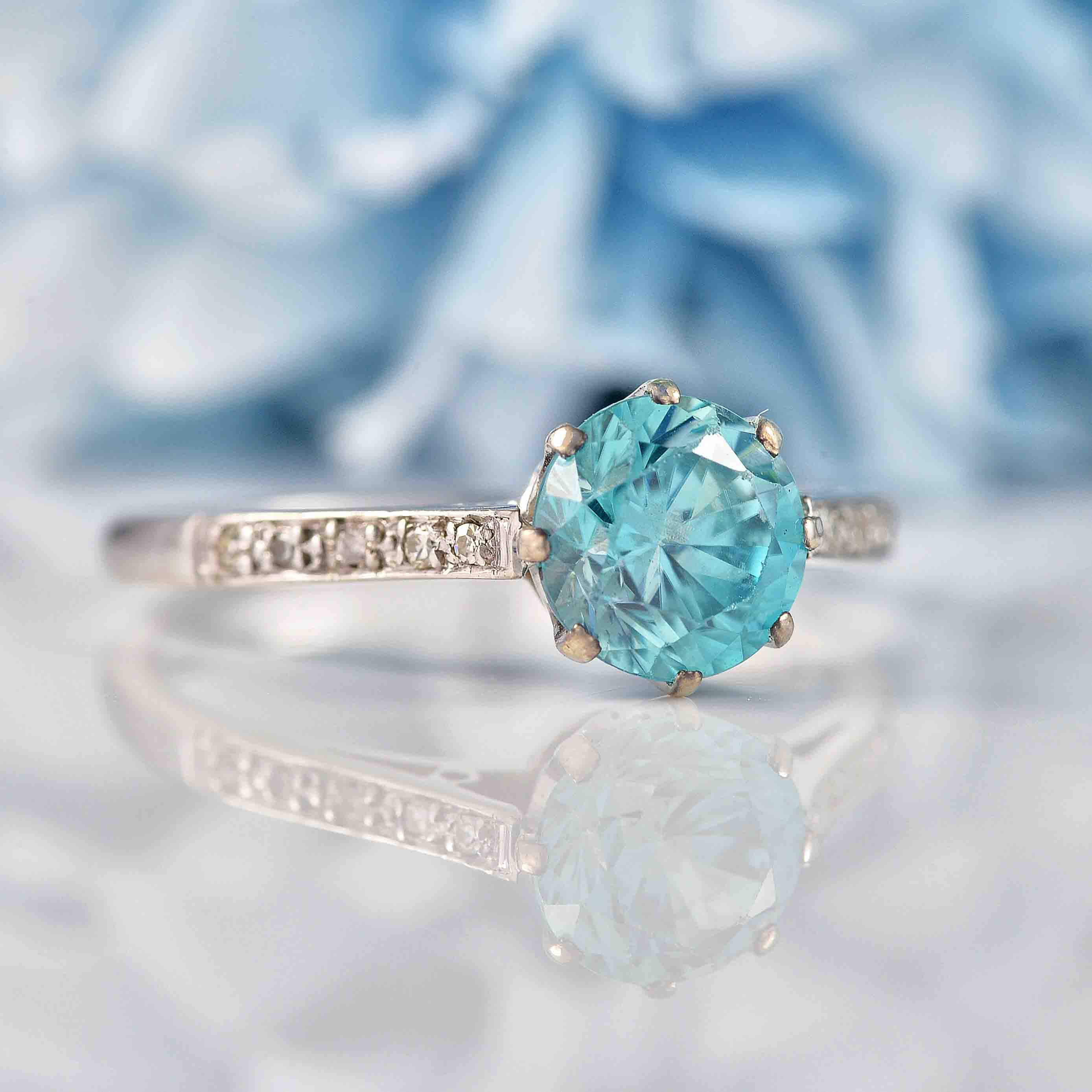 Vintage 1950s Blue Zircon & Diamond White Gold Engagement Ring