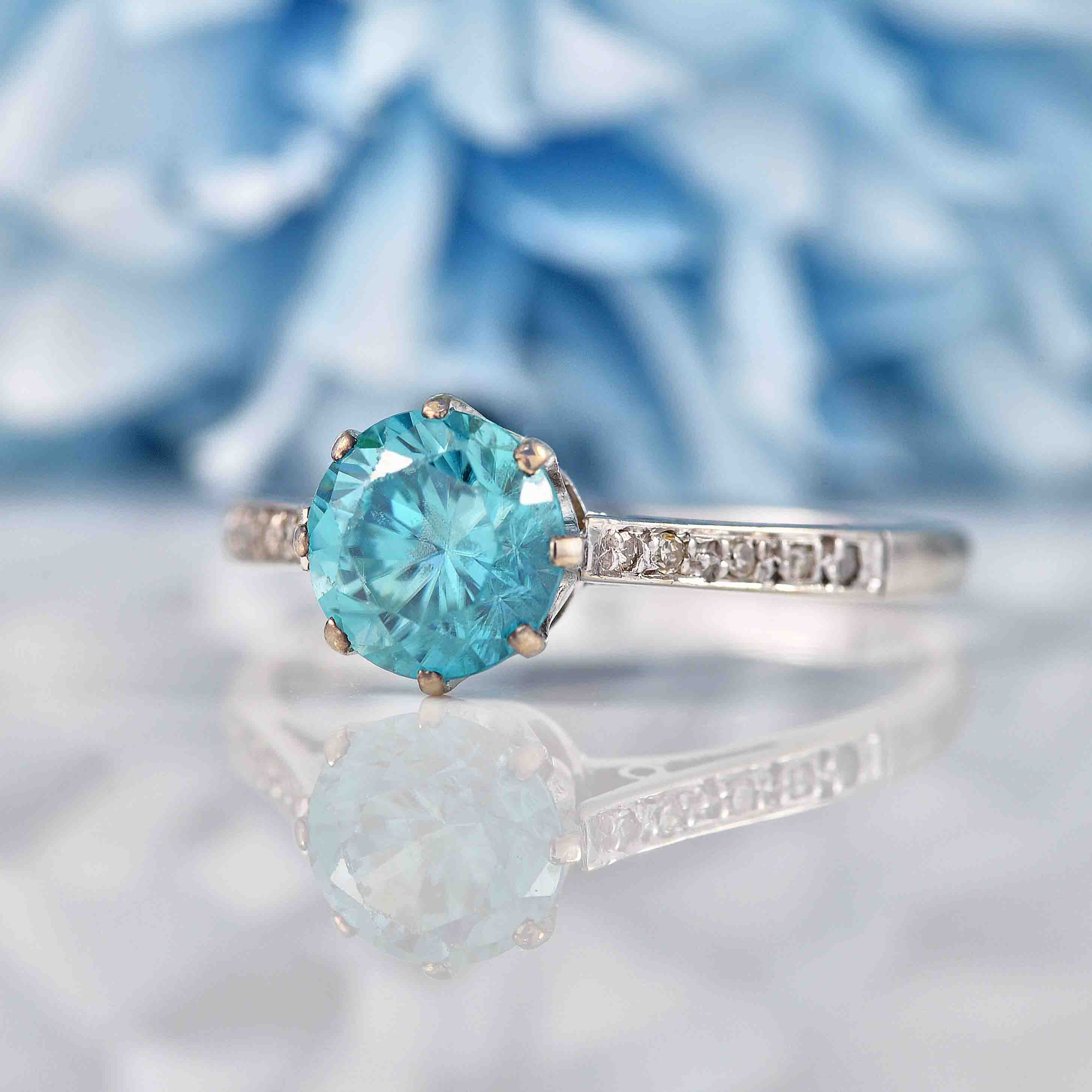 Vintage 1950s Blue Zircon & Diamond White Gold Engagement Ring