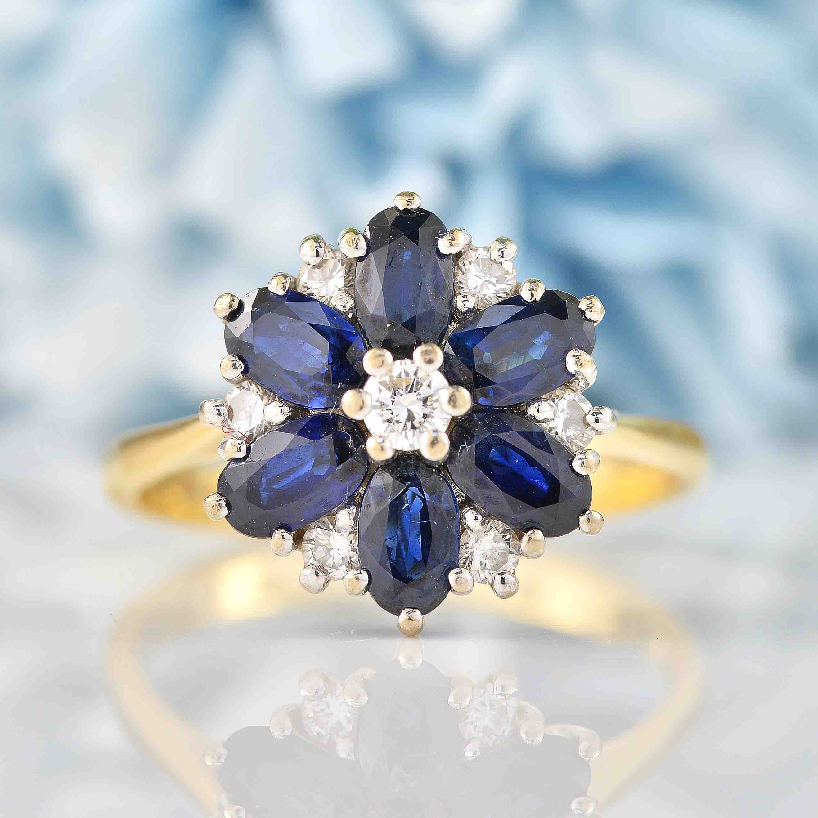 Vintage Sapphire & Diamond Daisy Cluster Ring By Cropp and Farr