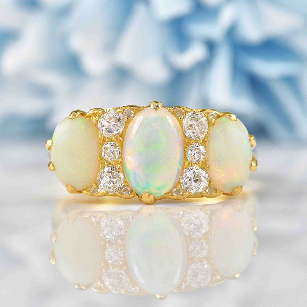 Antique Edwardian Opal & Old Cut Diamond 18ct Gold Ring