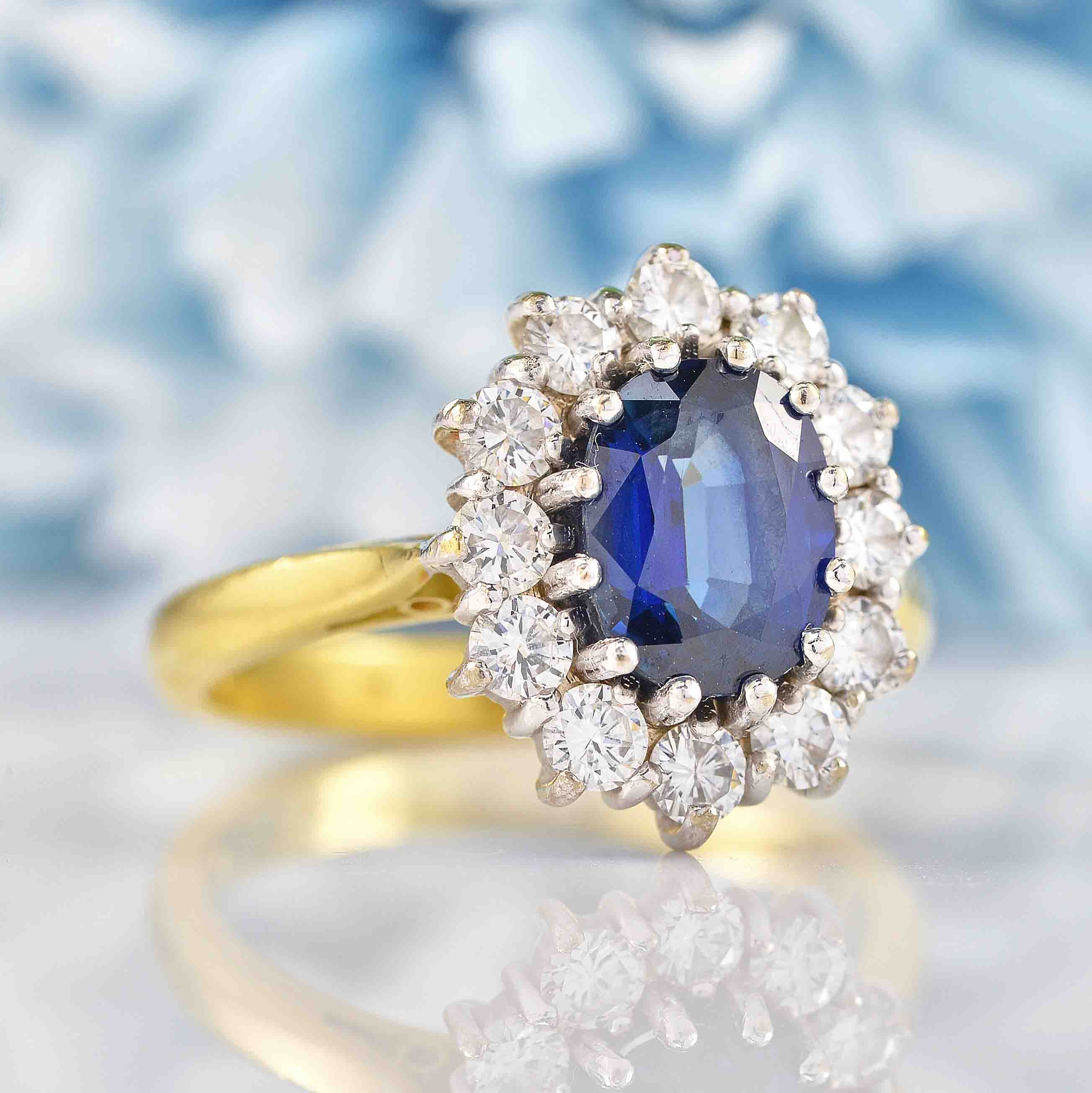 Vintage 1997 Sapphire & Diamond 18ct Gold Cluster Engagement Ring