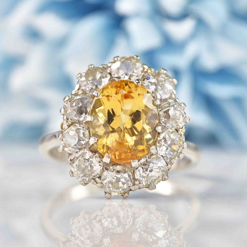 Antique Yellow Topaz & Diamond Platinum Engagement Ring