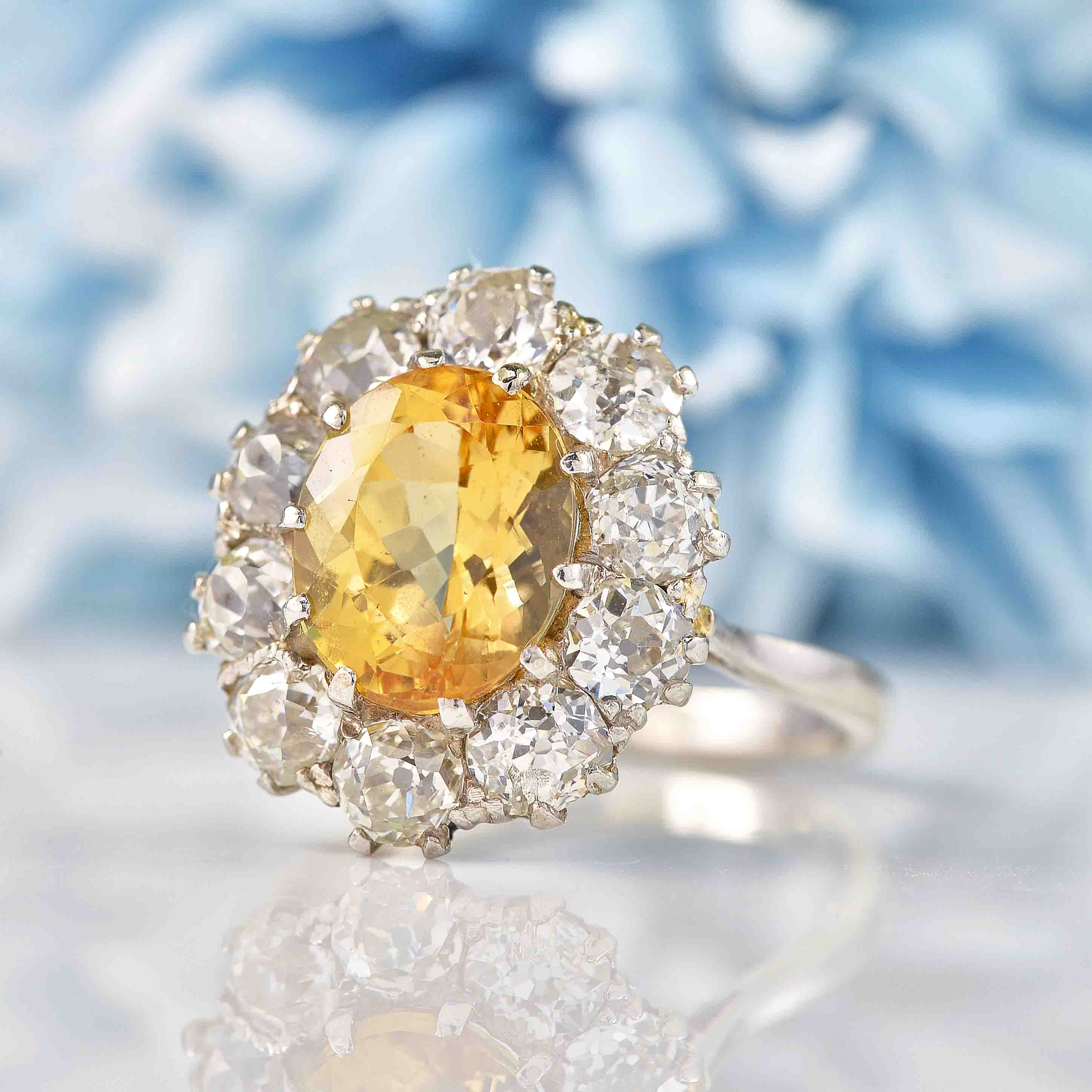 Antique Yellow Topaz & Diamond Platinum Engagement Ring