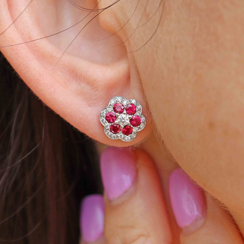 Ellibelle Jewellery 18ct Gold Ruby & Diamond Floral Daisy Stud Earrings