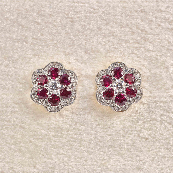 Ellibelle Jewellery 18ct Gold Ruby & Diamond Floral Daisy Stud Earrings