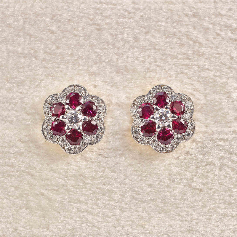 Ellibelle Jewellery 18ct Gold Ruby & Diamond Floral Daisy Stud Earrings