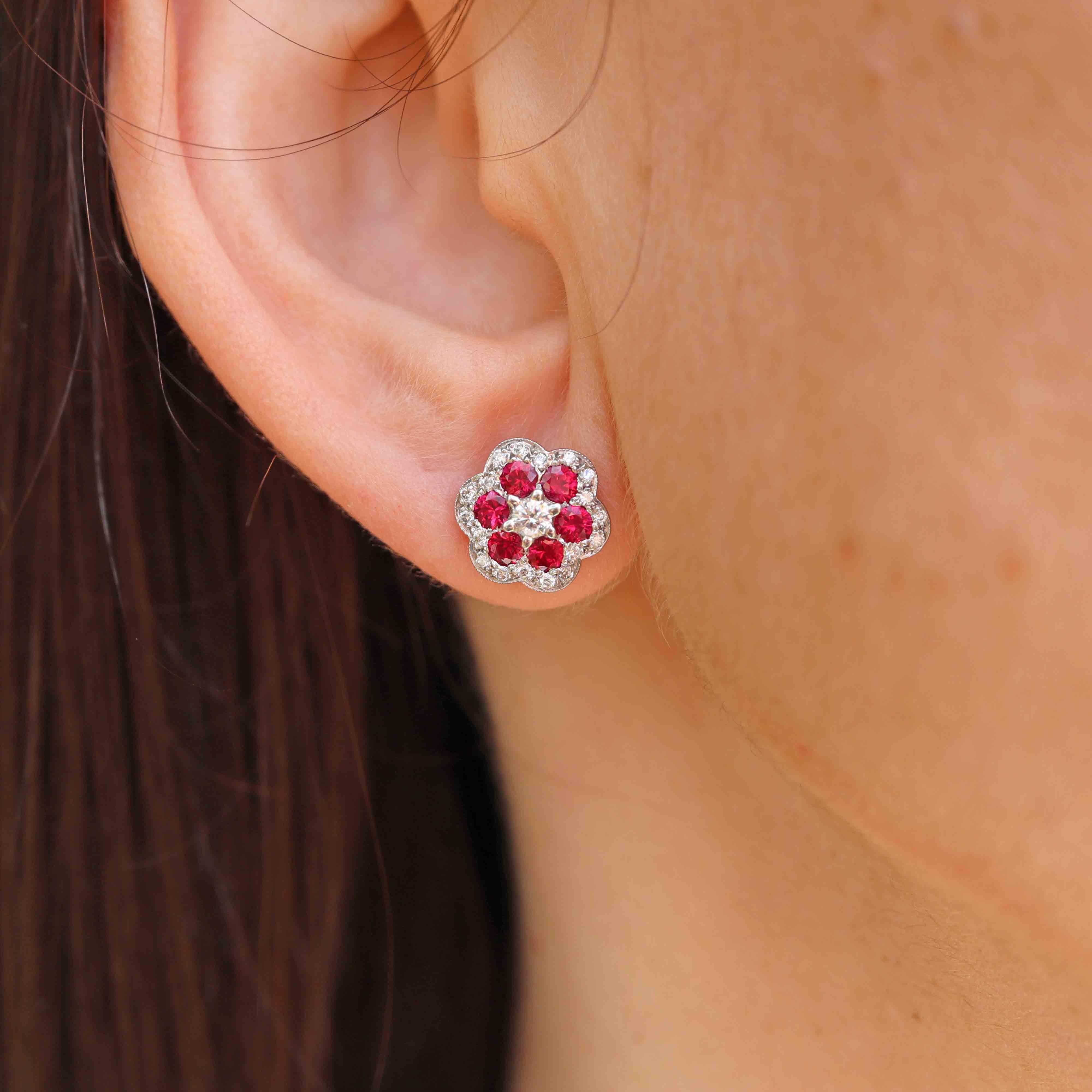 Ellibelle Jewellery 18ct Gold Ruby & Diamond Floral Daisy Stud Earrings