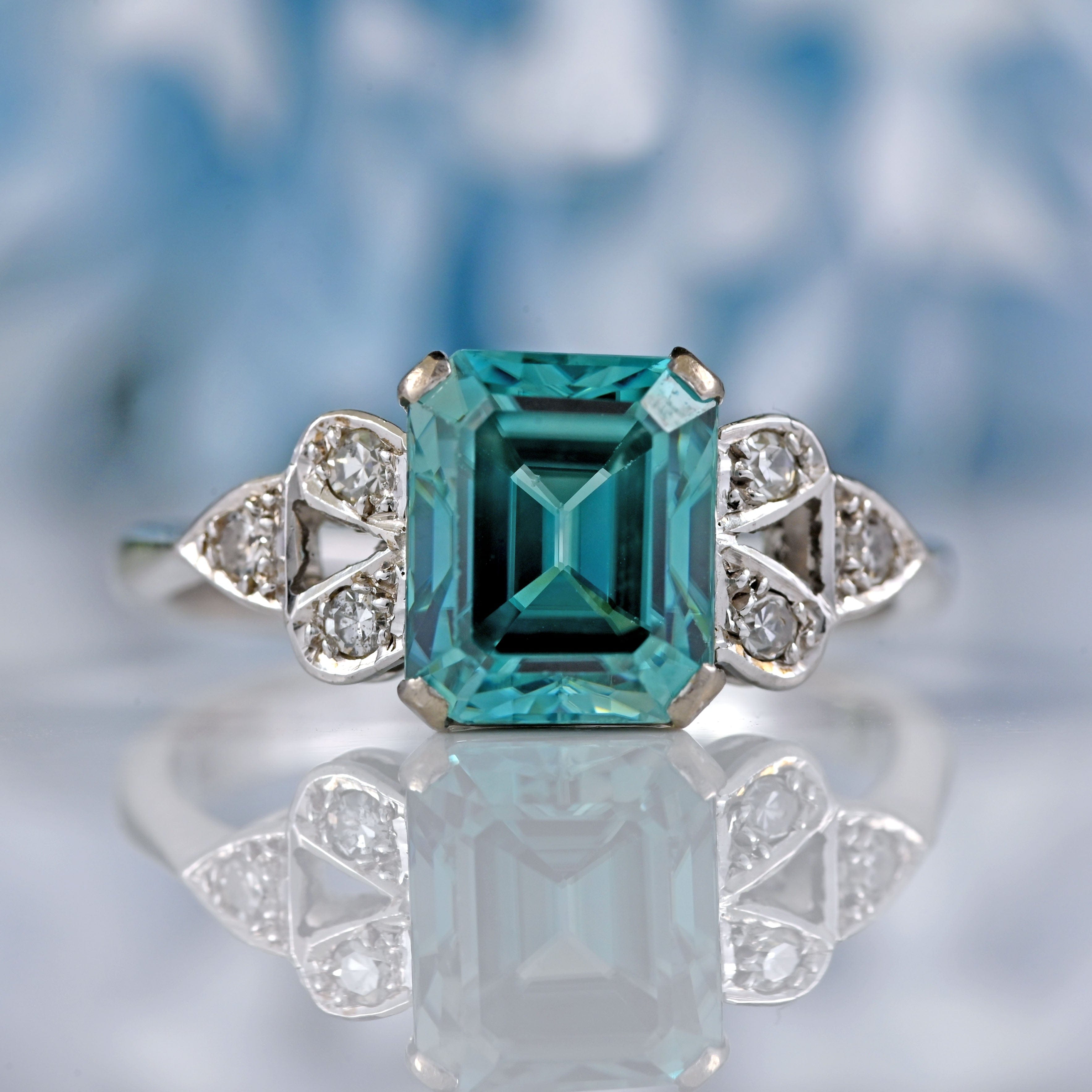 Ellibelle Jewellery 18ct White Gold Emerald-Cut Blue Zircon & Diamond Ring