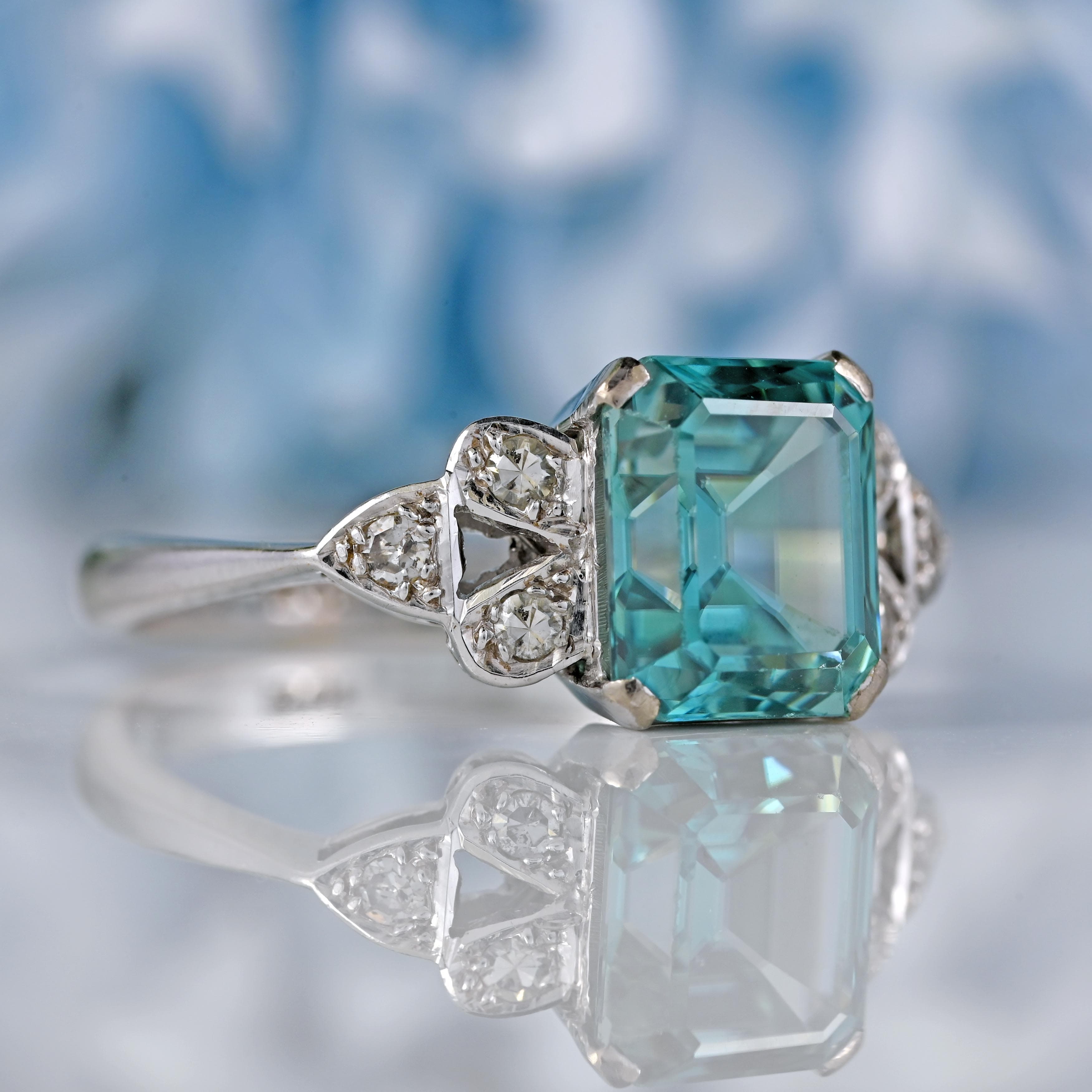 Ellibelle Jewellery 18ct White Gold Emerald-Cut Blue Zircon & Diamond Ring